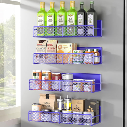DTUQYX Magnetic Spice Rack for Refrigerator, 4 Pack 100% Metal Strong Magnet Fridge Shelves, Space Saving Spice Organizer, No Drilling Home Kitchen Laundry Room Storage Organization, Purple Blue