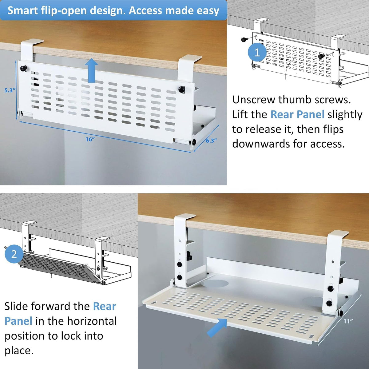 AEONS Universal Under Desk Cable Management Tray-Clamp Mount Hinged Swing Modesty Panel Organizer for Office Desks Easy Access Flip-Down position Power Strip Cord Storage No-Drill 25 lb Capacity White