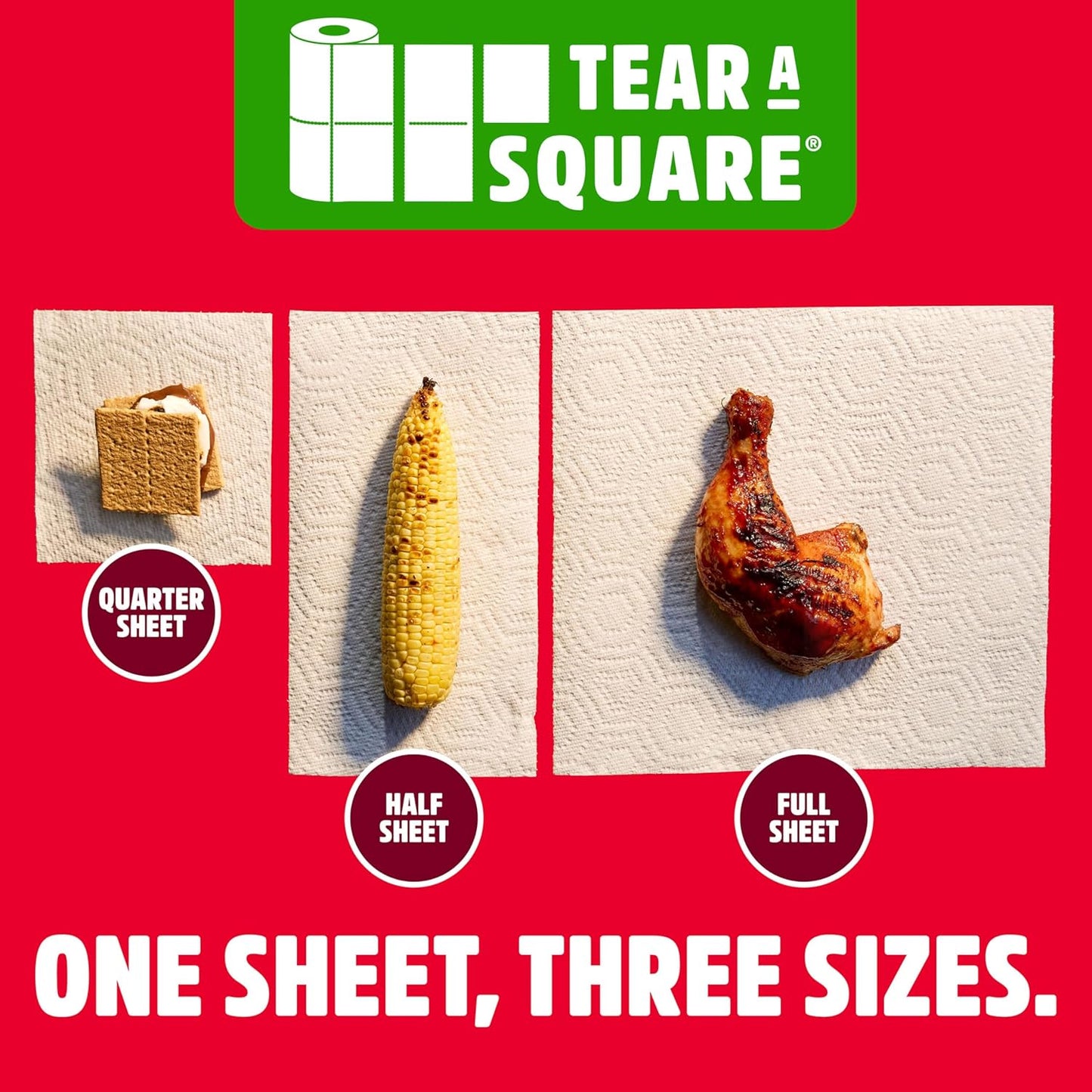 Brawny Tear-A-Square 3-Ply Paper Towels, 6 Double Rolls = 12 Regular Rolls, Strong, Absorbent, and Durable with 3 Sheet Sizes (Quarter, Half, Full)
