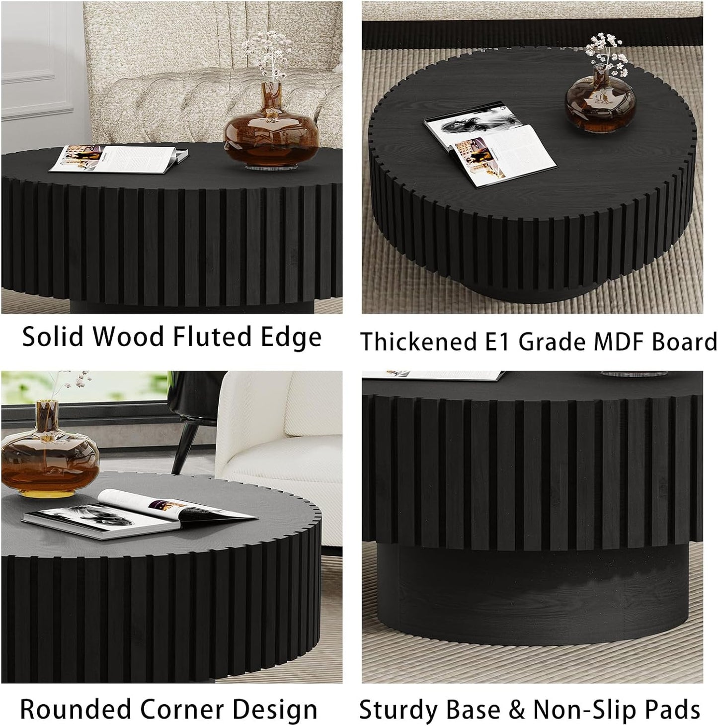 31.5" Round Black Coffee Table for Living Room (Black 31.5") | Mid Century Modern, Drum Fluted Coffee Table with Sturdy Pedestal, Circle Center Table, Accent Tea Table for Apartment