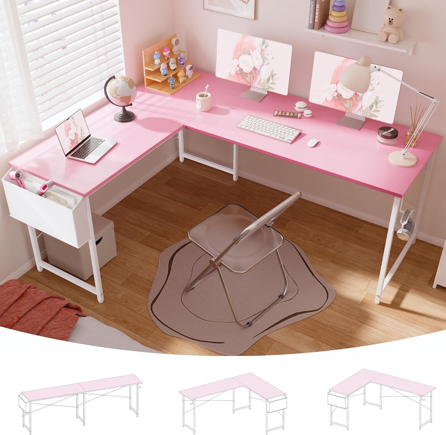 Pamray 64.5 Inch Reversible L Shaped Gaming Desk Large Corner Computer Desk with Storage Bag Home Office Table for Writing Study Vintage