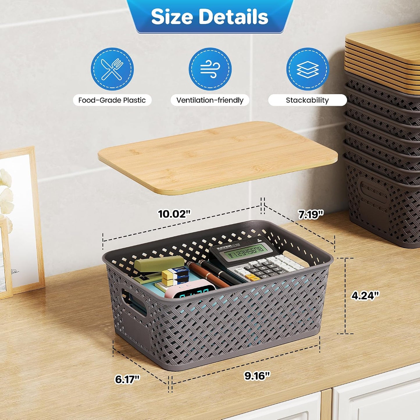 Anysig 8 Pack Plastic Storage Bins with Bamboo Lids, 5.2 QT Stackable Bins