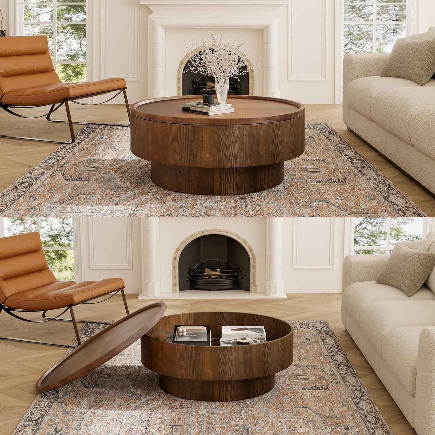 30.7" Round Coffee Table with Storage (Circle Storage Table 30.7in) | Modern Stylish Circle Storages Coffee Table with Solid Wood Veneered | for Living Room Study Balcony Farmhouse