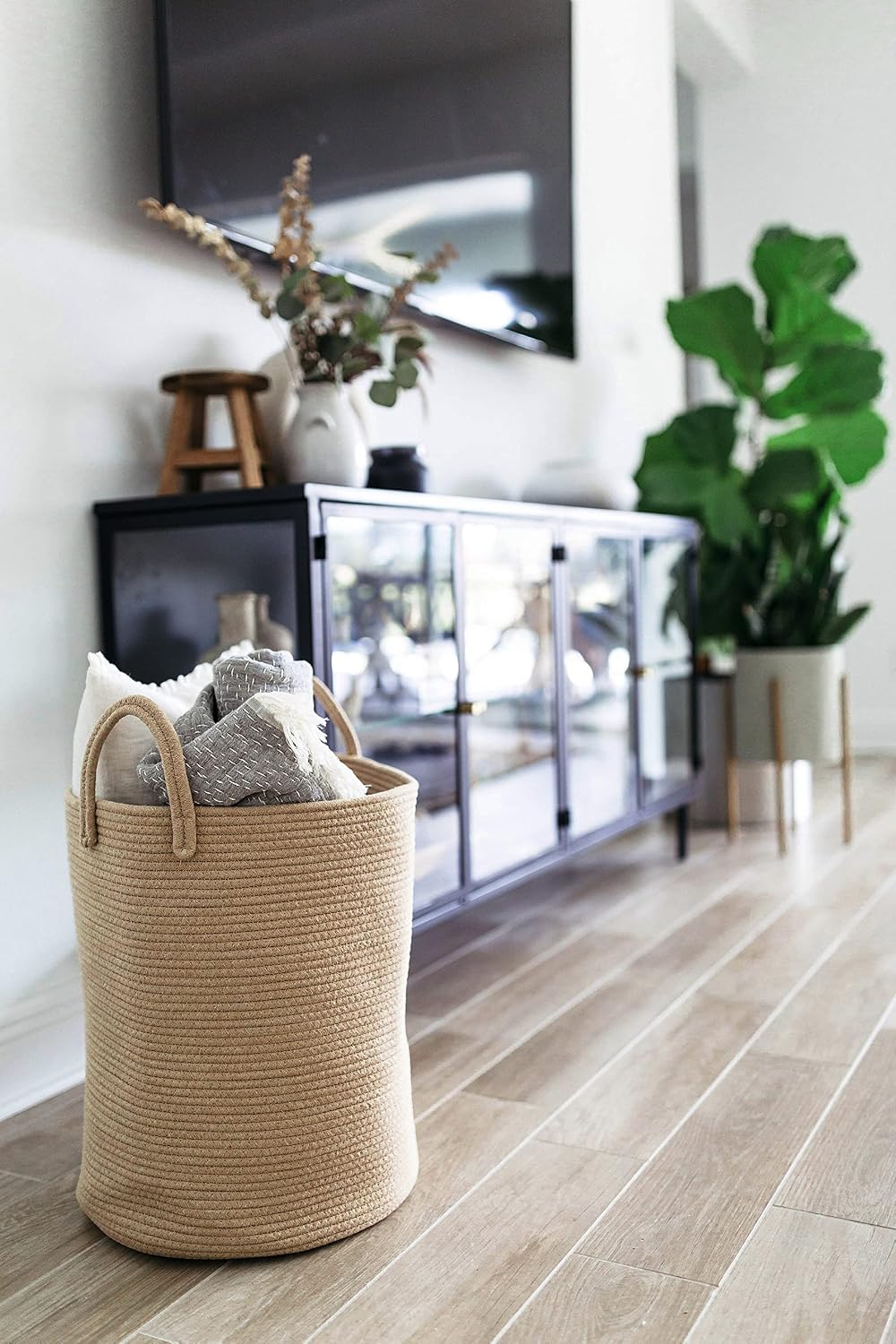 OrganiHaus Tall Cotton Rope Laundry Basket & Hamper, Blanket Storage 52L | Full Honey - Tall Cotton Rope Hamper, 52L