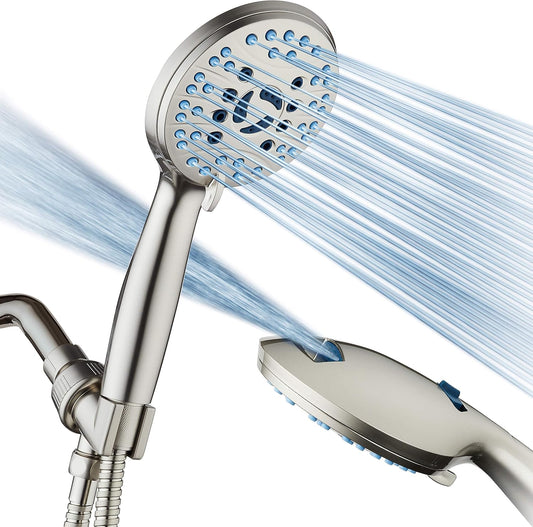 Hotel Spa AquaCare High Pressure 8-mode Handheld Shower Head - Anti-clog Nozzles, Built-in Power Wash to Clean Tub, Tile & Pets, Extra Long 6 ft. Hose, Wall & Overhead Brackets - 1.8 GPM