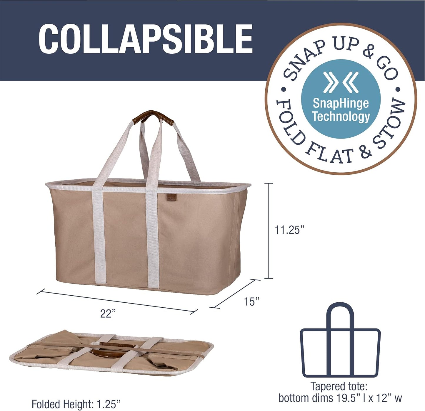 CleverMade Collapsible Laundry Tote LUXE, 50L Carry-All Tote, 2 Pack, Mocha | Bring a Polished Look to Laundry Day | Cotton-Blend Fabric and Vegan Leather Pair with Long Handles and 55 lb Support