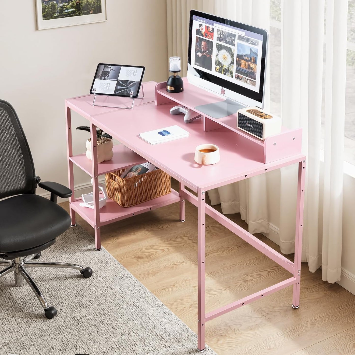MINOSYS 47-inch Computer Desk with Storage Shelf - Ideal Gaming Desk for Bedrooms, Small Spaces, and Home Offices Modern Writing Desk for PCs,Pink Table.