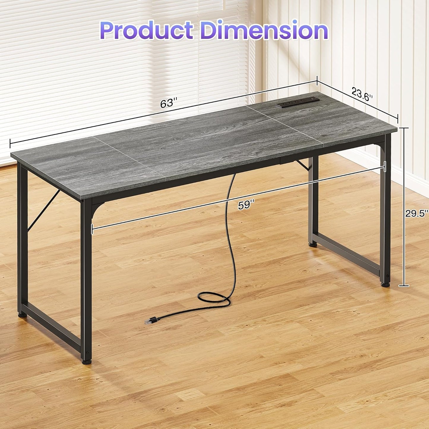 PRAISUN 63 X 24 Inch Office Computer Desk with Power Outlets and USB-C Port, Larger and Longer Gaming Desk, for Home Office, Study, Writing Work from Home Table, Metal Frame, Grey