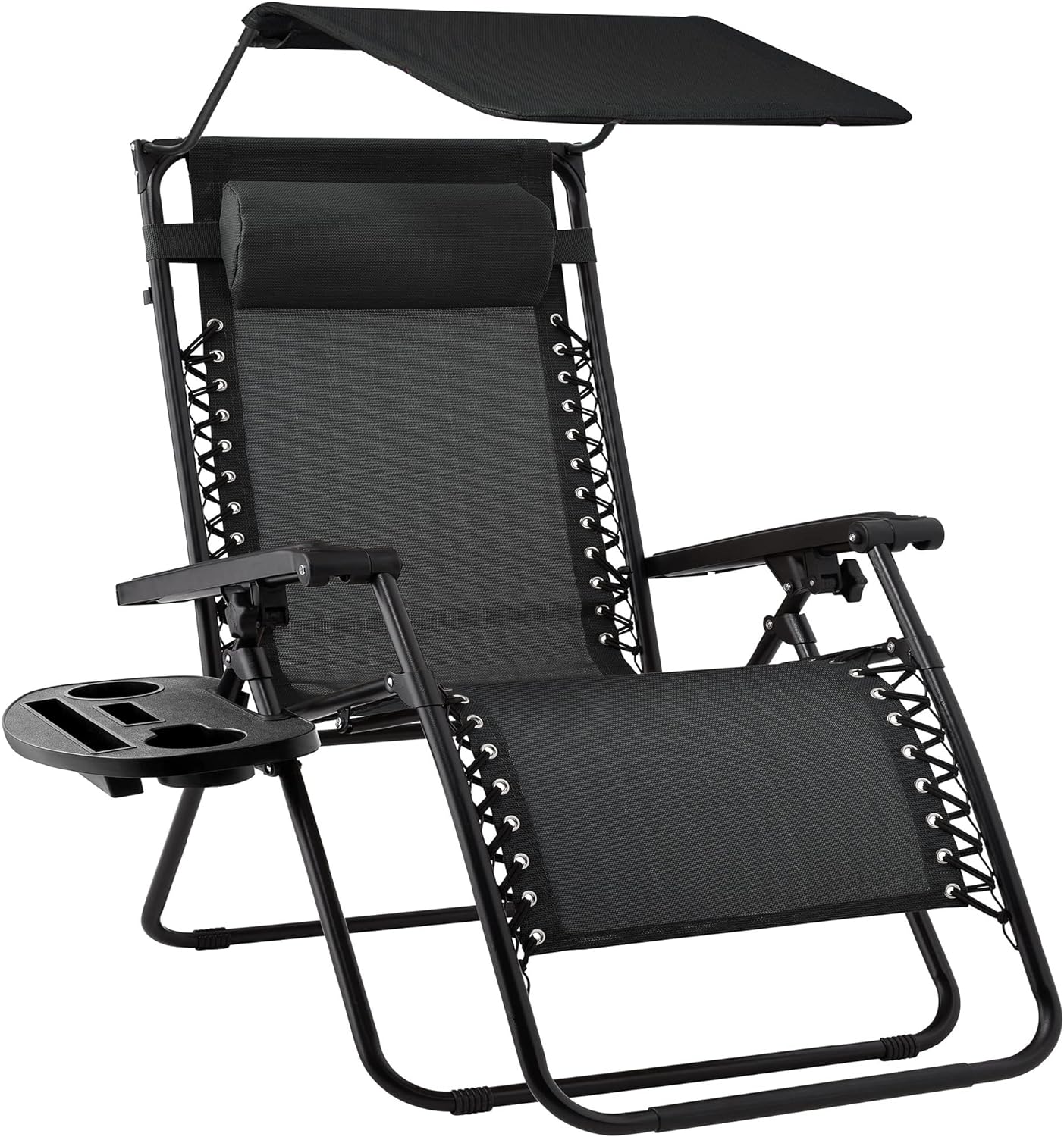 Best Choice Products Folding Zero Gravity Outdoor Recliner Patio Lounge Chair w/Adjustable Canopy Shade, Headrest, Side Accessory Tray, Textilene Mesh - Black