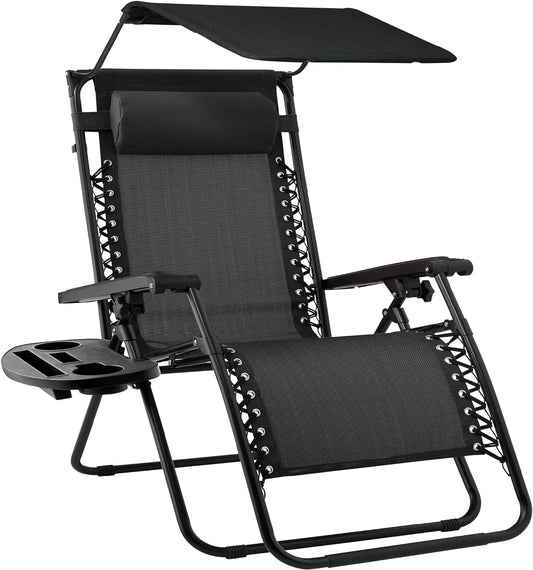 Best Choice Products Folding Zero Gravity Outdoor Recliner Patio Lounge Chair w/Adjustable Canopy Shade, Headrest, Side Accessory Tray, Textilene Mesh - Black