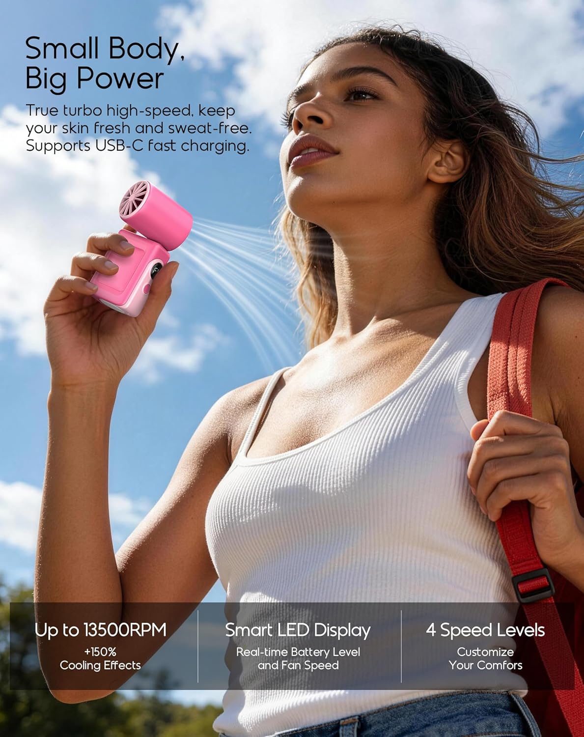 Portable Clip-On Mini Fan, Hands-Free, Turbo Personal Handheld Fans Rechargeable w/ 4 Wind & LED Display, Pocket Size Summer Essentials for Travel/EyeLash/Beach/Concert, Gifts for Women Men(Hot Pink)