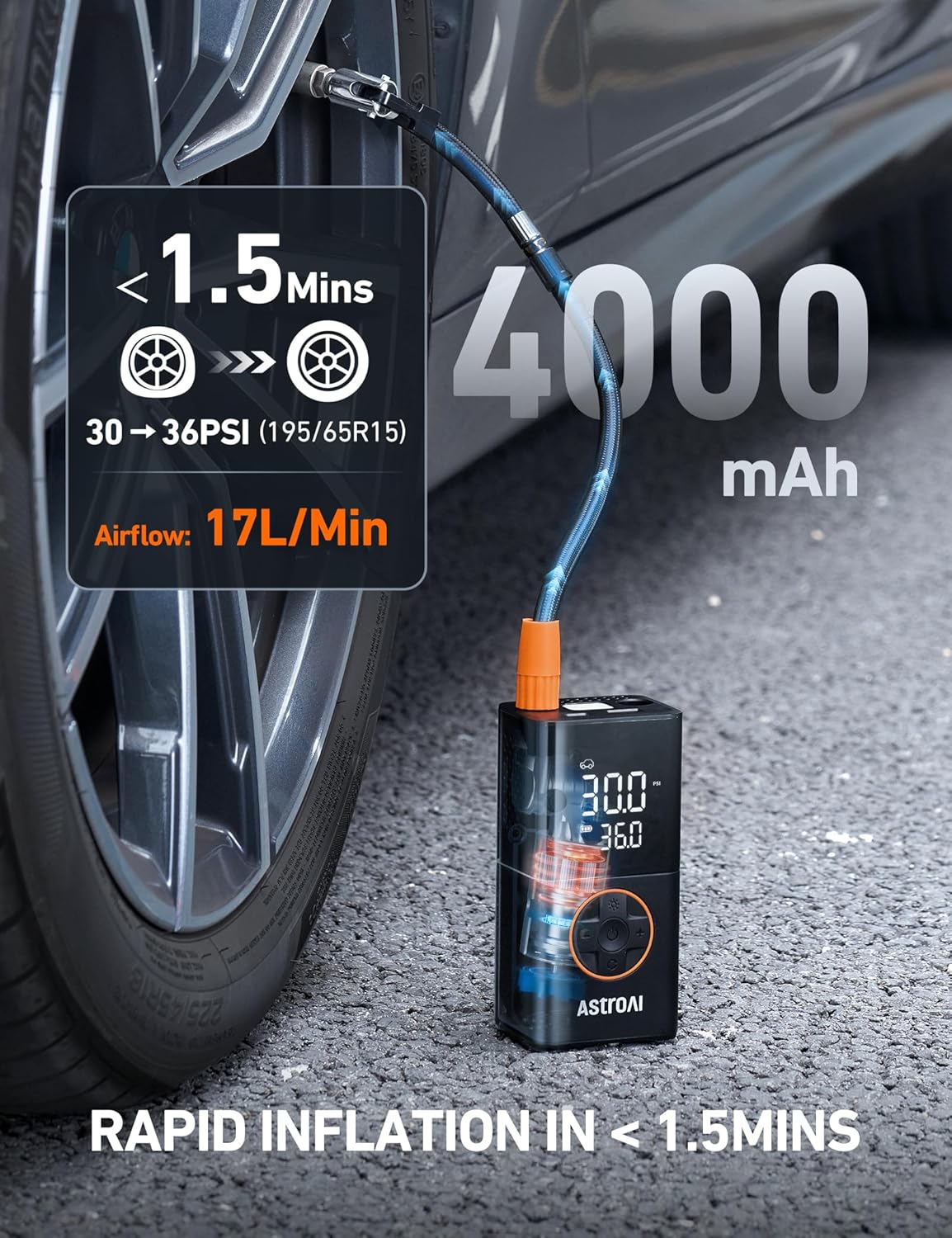 AstroAI L7 Tire Inflator Portable Air Compressor,150 PSI Cordless Mini Air Bike Auto Shut-Off Pump with Digital Display Pressure Gauge, Fast Inflation & LED Light for Car Tires,Motorcycles,Bikes,Balls