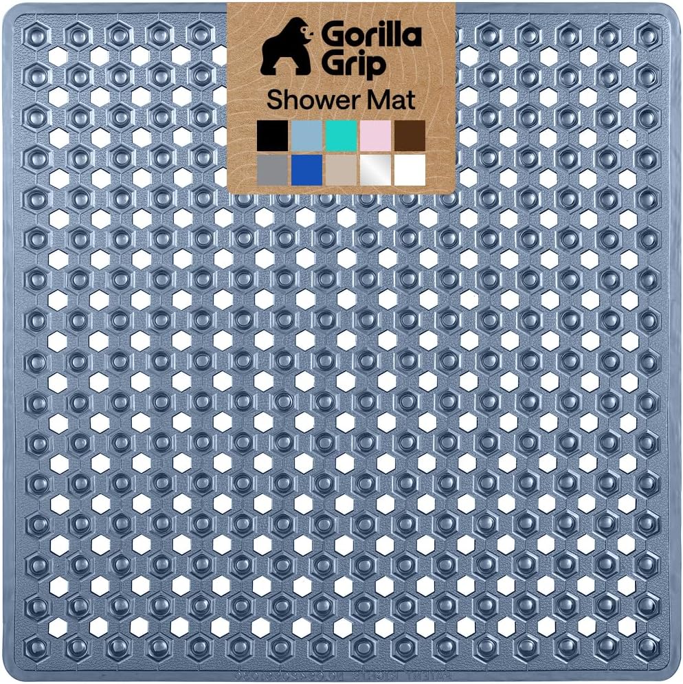 GORILLA GRIP Patented Square Shower Stall Mat, Small Bathtub Floor Mats for Stand Up Showers, Suction Cups and Drainage Holes, Machine Wash, Soft on Feet, Bathroom Accessories 21x21 Inch, Navy Blue
