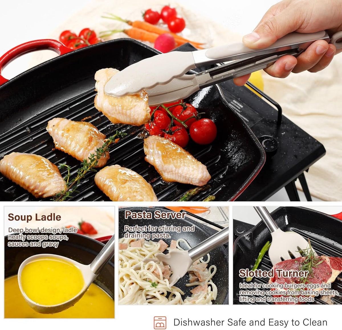 Silicone Cooking Utensils Set, NCUE 35 Pcs Kitchen Utensils Set with Holder, with Stainless Steel Handle Spatula Set, Spoons, Pasta Server, Cheese Grater, Masher, Scissors, Dishwasher Safe (Khaki)