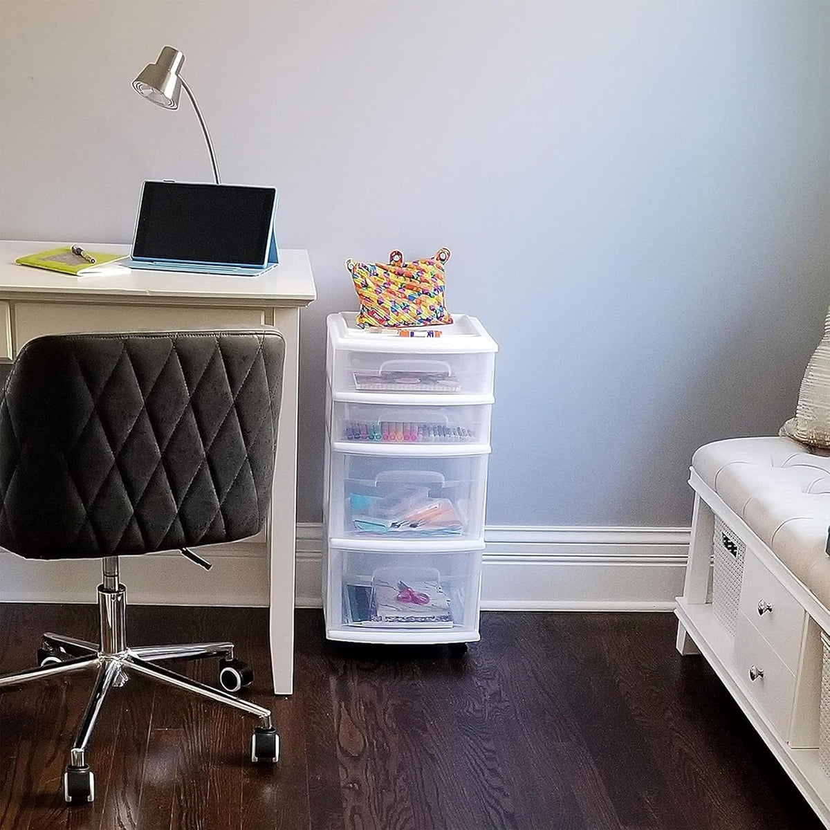 HOMZ Drawer Tower, 4-Tier Clear Plastic Storage Organizer Cart, White Frame - Rolling Drawers with Wheels for Desk, Dresser, Cabinet, Bedroom, Bathroom, Classroom, and Office Organization