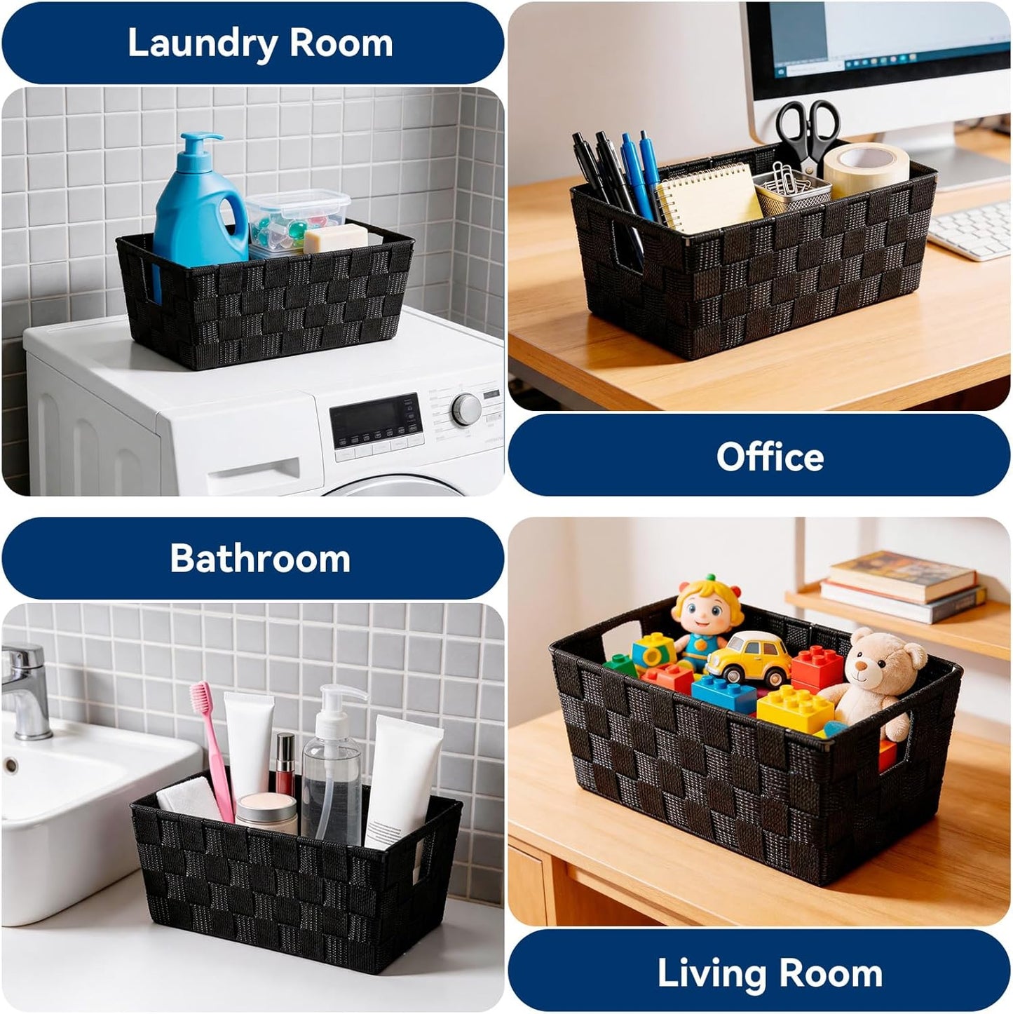 Small Woven Storage Baskets for Shelves - Decorative Bathroom Organizer Bins, Versatile Shelf Storage Solution for Home Organization & Closet (Black）