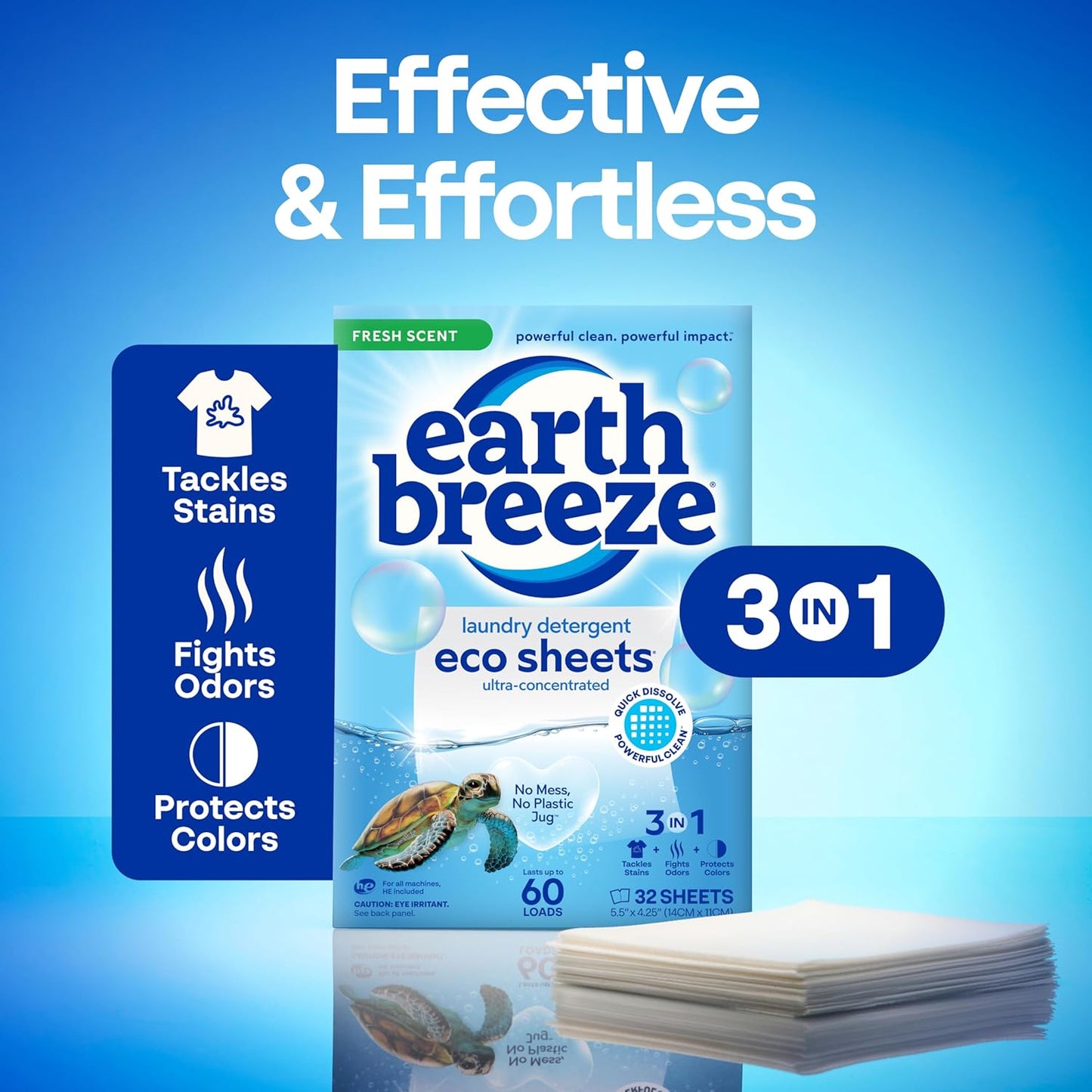 Earth Breeze Laundry Detergent Sheets Fresh Scent - 60 Loads Eco Liquidless Soap - Travel-Friendly for Hot & Cold Cycles, Tackles Tough Stains & Odors - Gentle on Skin, 30 Ct
