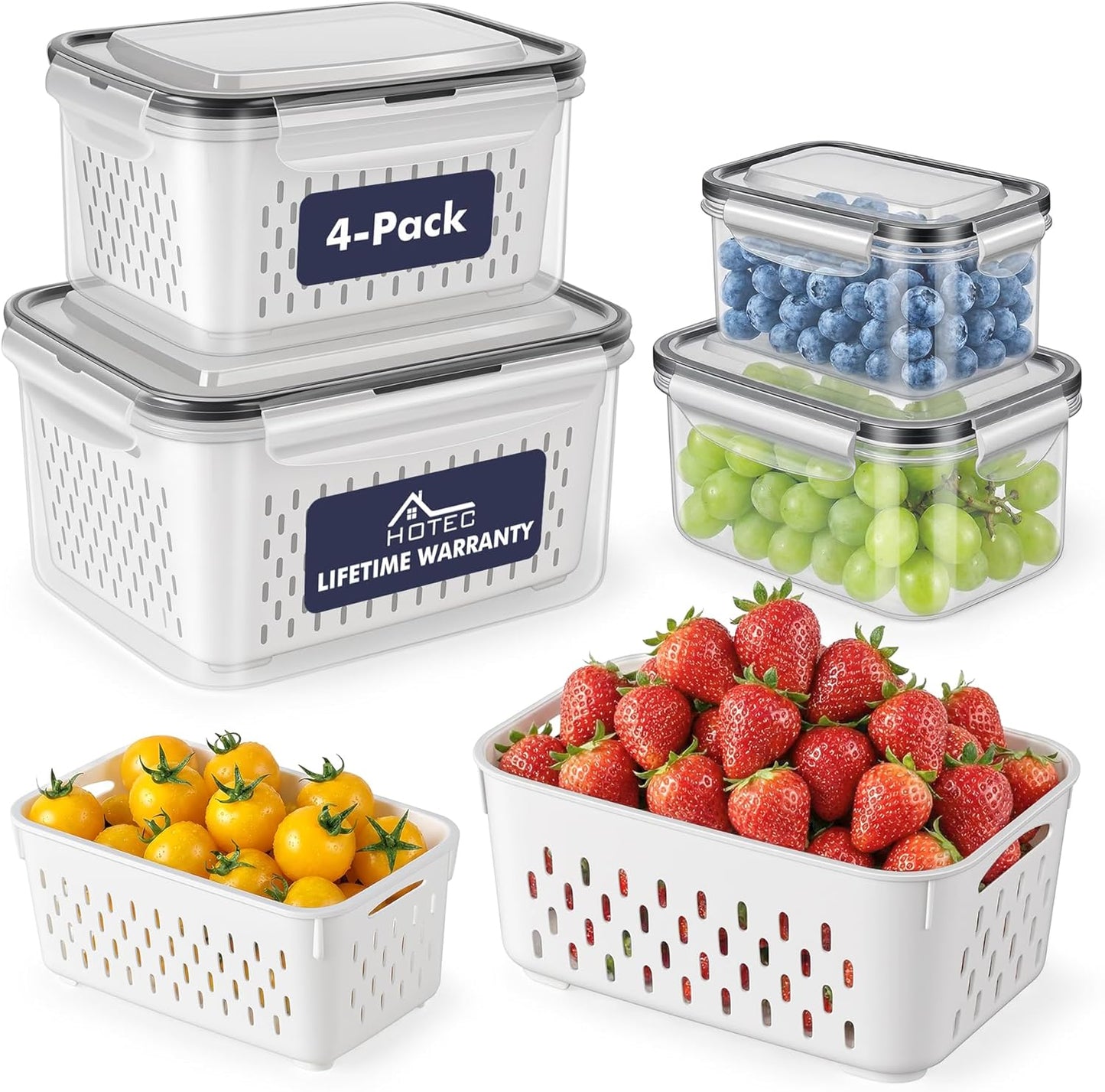HOTEC 4-Pack Large Fruit Storage Container for Fridge Leak proof with Removable Colander, BPA Free Dishwasher & microwave safe Largest 3.15L