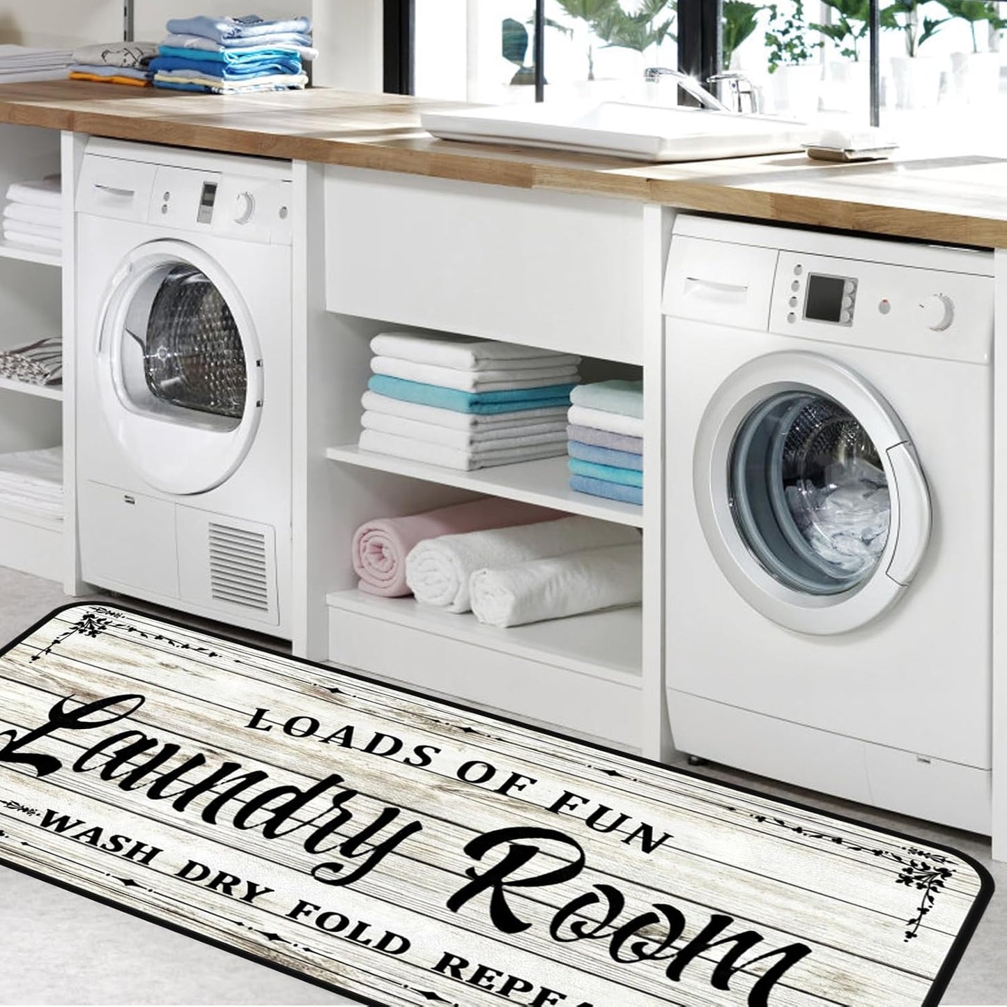 White-1 Farmhouse Laundry Room Rug Runner, Non-Slip Floor Mat, Waterproof Runner for Kitchen, Bathroom, and Mudroom Decor 20''x48''