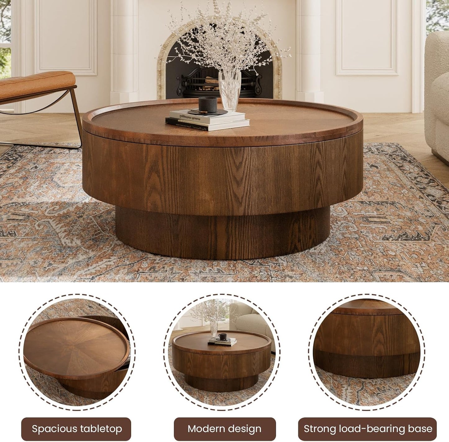 JHKZUDG 30.7" Small Round Coffee Table with Storage for Small Space | Wood Drum Coffee Table Mid Century Modern Circle Center Table Accent Tables for Living Room Apartment Easy Assembly