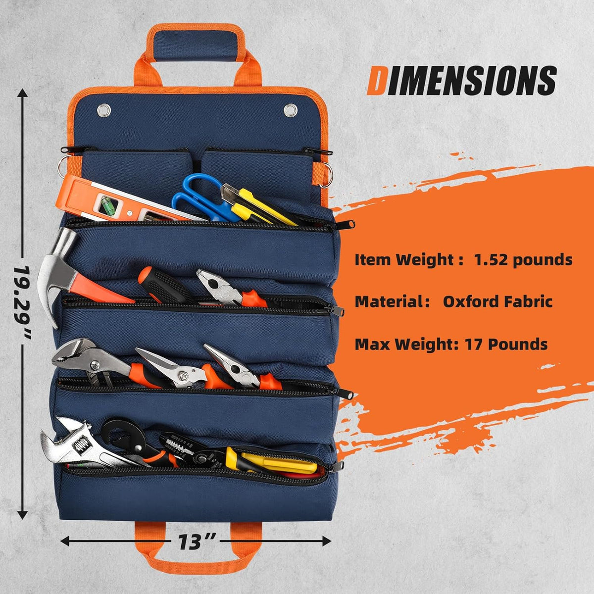Tool Roll Bag Heavy Duty Tool Bag Gifts for Men Dad Mechanic, Blue Orange