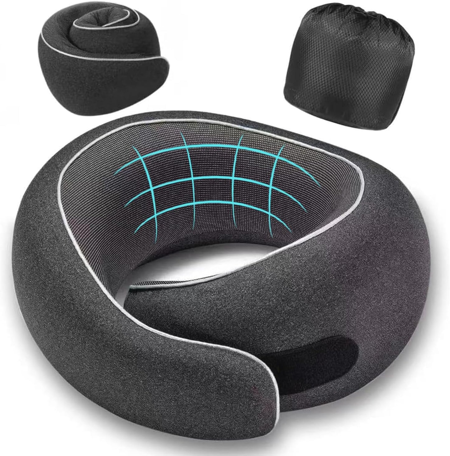 Travel Pillow, Memory Foam Neck Pillow with Ergonomic 360° Support, Travel Neck Pillow for Airplanes, Compact Design for Plane, Car & Office Travel Essentials, Gray