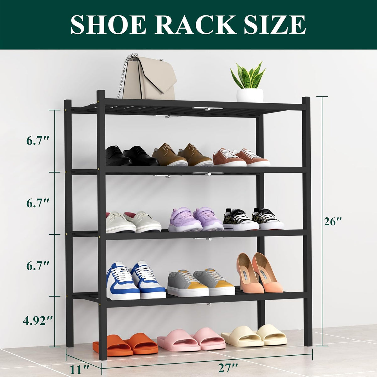 Smiry Bamboo Shoe Rack, 14 Vertical Slats, 4 Tier - 26.8" Wide, Black