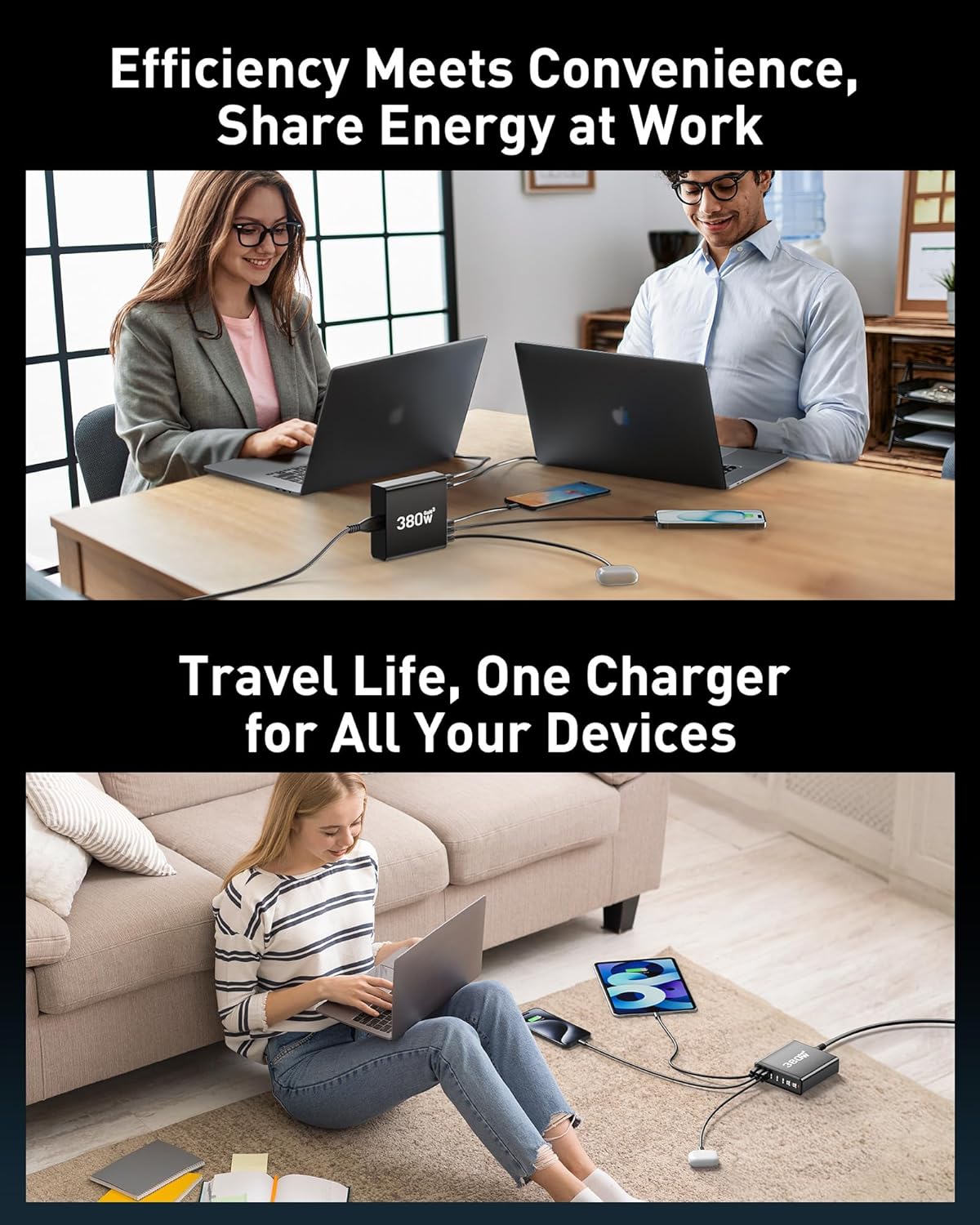 380W USB C Charger Block,with 4 USB Cables 8-Port USB C Charging Station Dual 100W Laptop Charger Fast Charger Type C Charging Block for MacBook Pro, Dell XPS, iPhone, iPad, Tablet (Bright Black)
