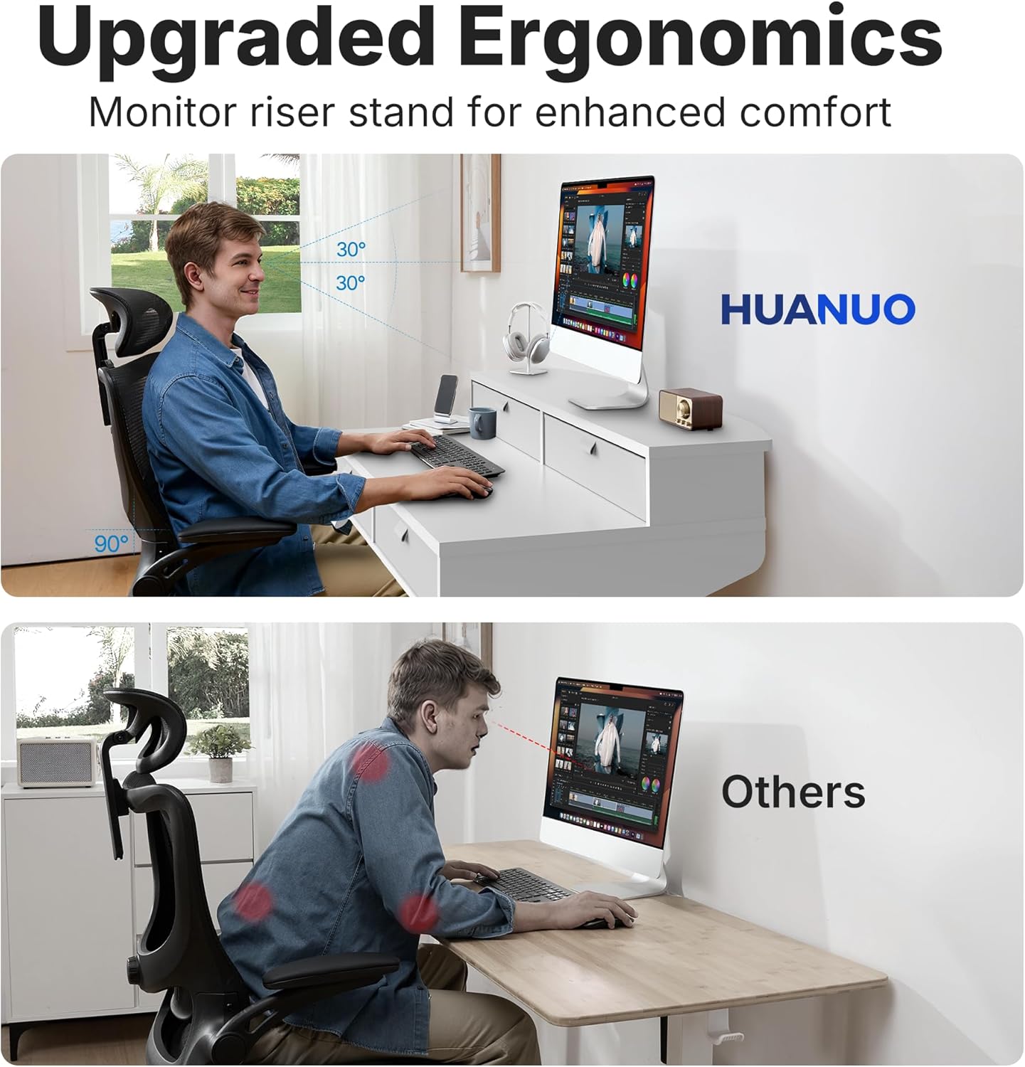 HUANUO 32 X 20 inch Electric Standing Desk with 4 Drawers, Adjustable Height Sit Stand Home Office Desk, C-Clamp Mount Compatible, Ergonomic Stand up Desk with 4 Preset Heights, White