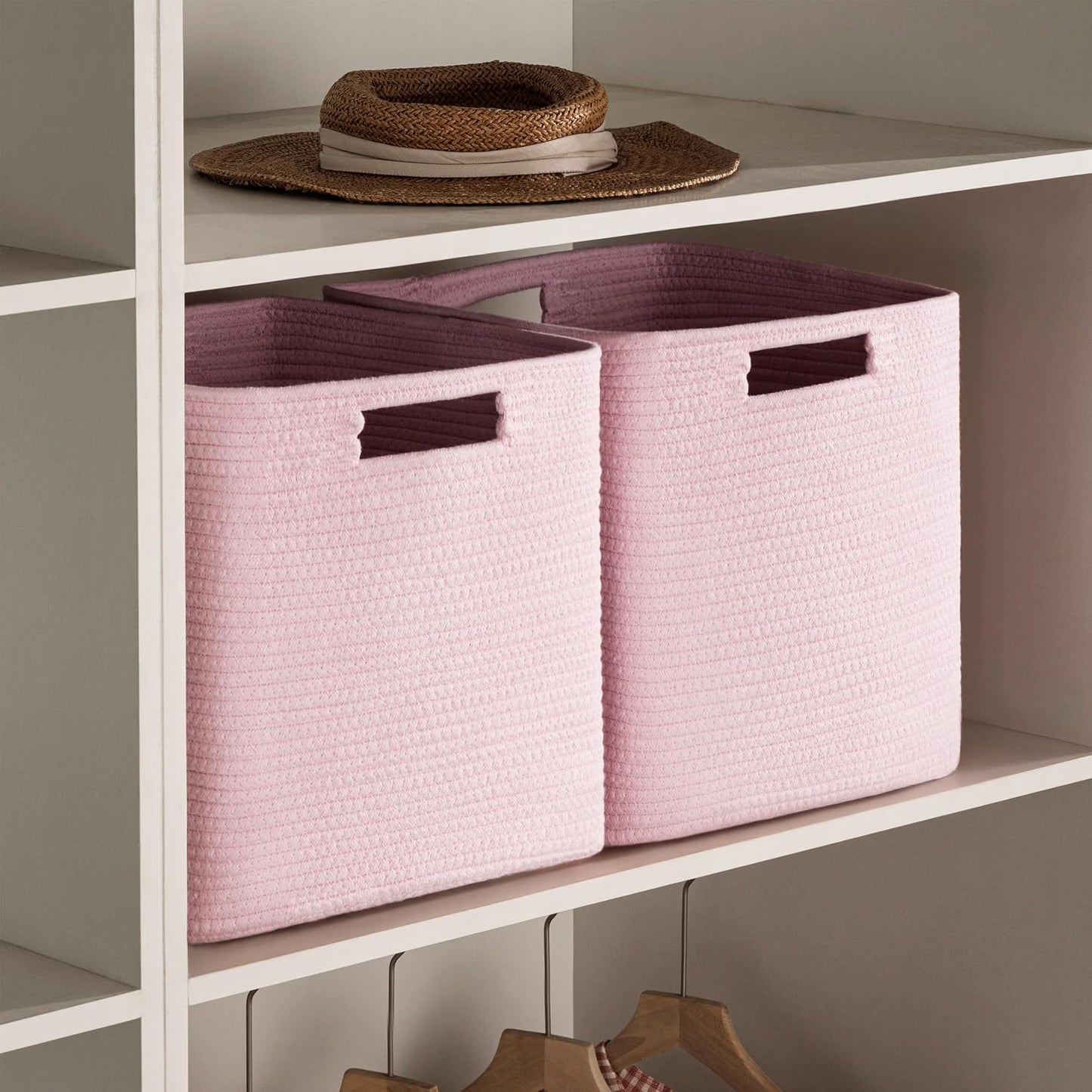 UBBCARE Storage Cubes 11 Inch, Cotton Rope Woven Baskets for Organizing, Cube Storage Bin for Baby Nursery, 2-Pack Square Toy Storage Baskets for Shleves Organizer, Closet, Kidsroom, Pink