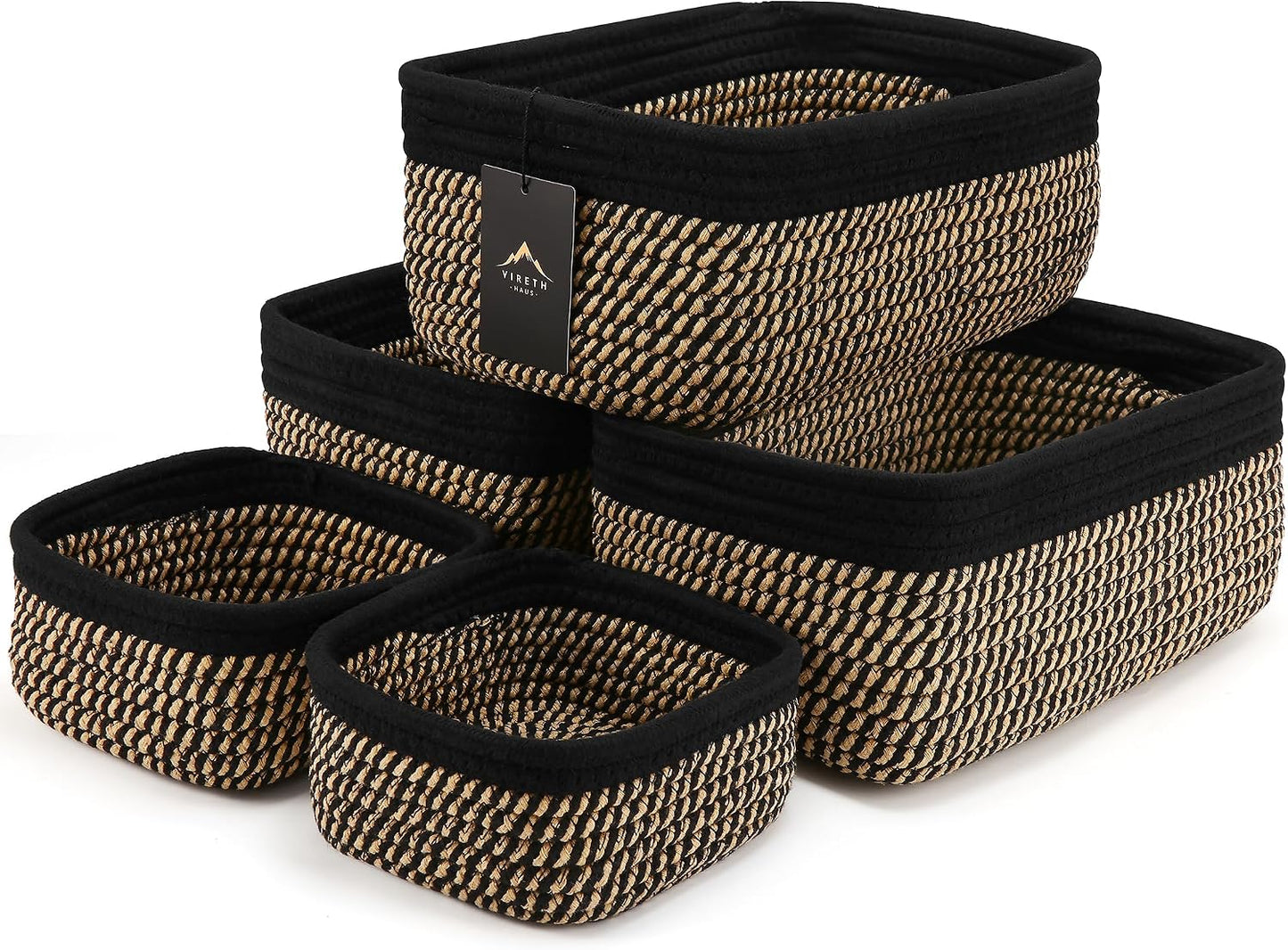 5-Pack Small Woven Rope Storage Baskets, 2 Sizes Organizer Bins | Fabric Cube Boxes and Rectangular Shallow Bins for Closet, Shelf, Bookshelf, Nursery, Changing Table, Bathroom, Toys & Home