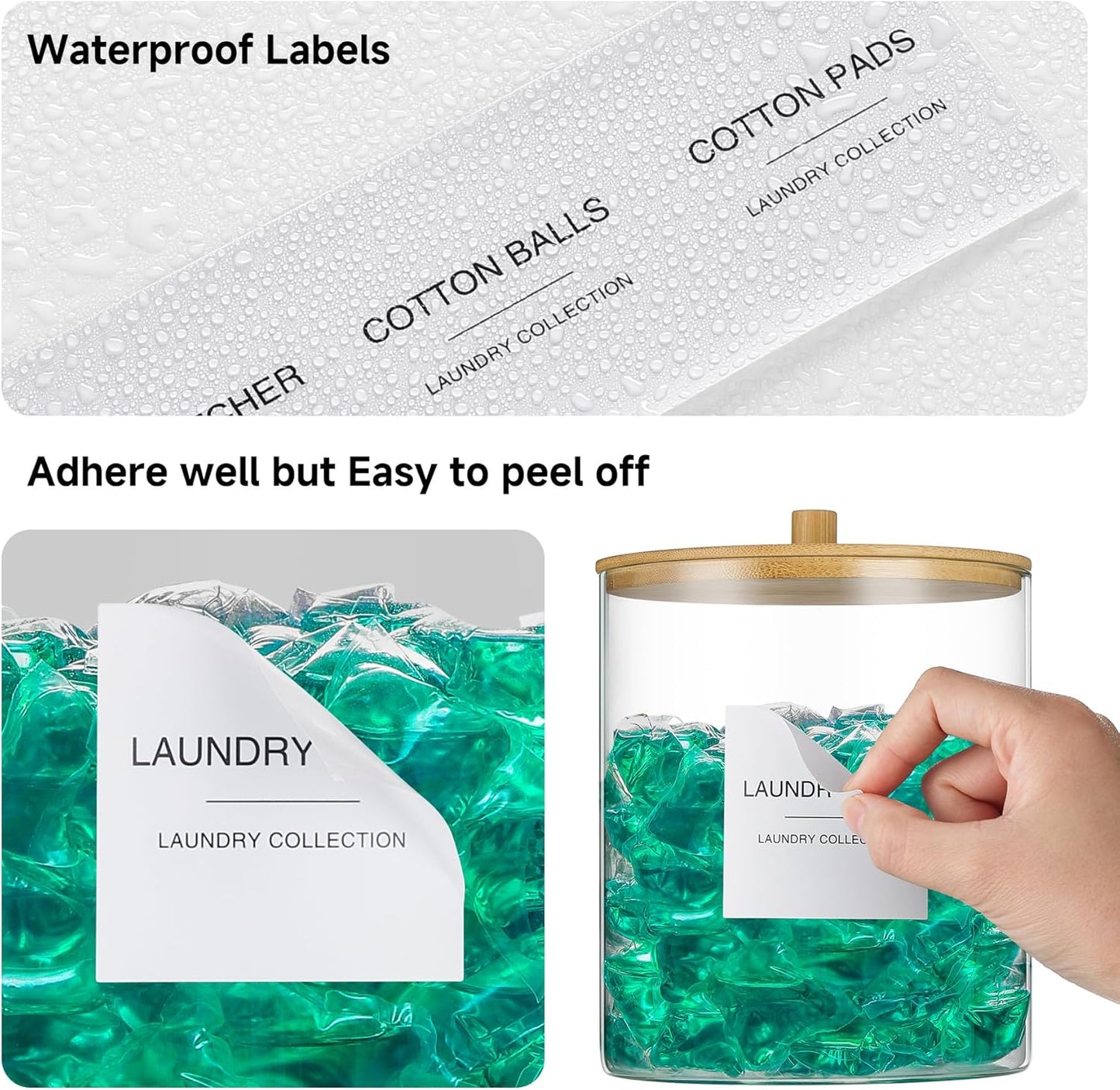 TIPGO Glass Jars and Acrylic Dryer Sheet Holder, Laundry Pods Container with Bamboo Lid and 27 Labels, Powder Detergent Containers for Laundry Room Organization, Storage Jars Set (3 Pack)