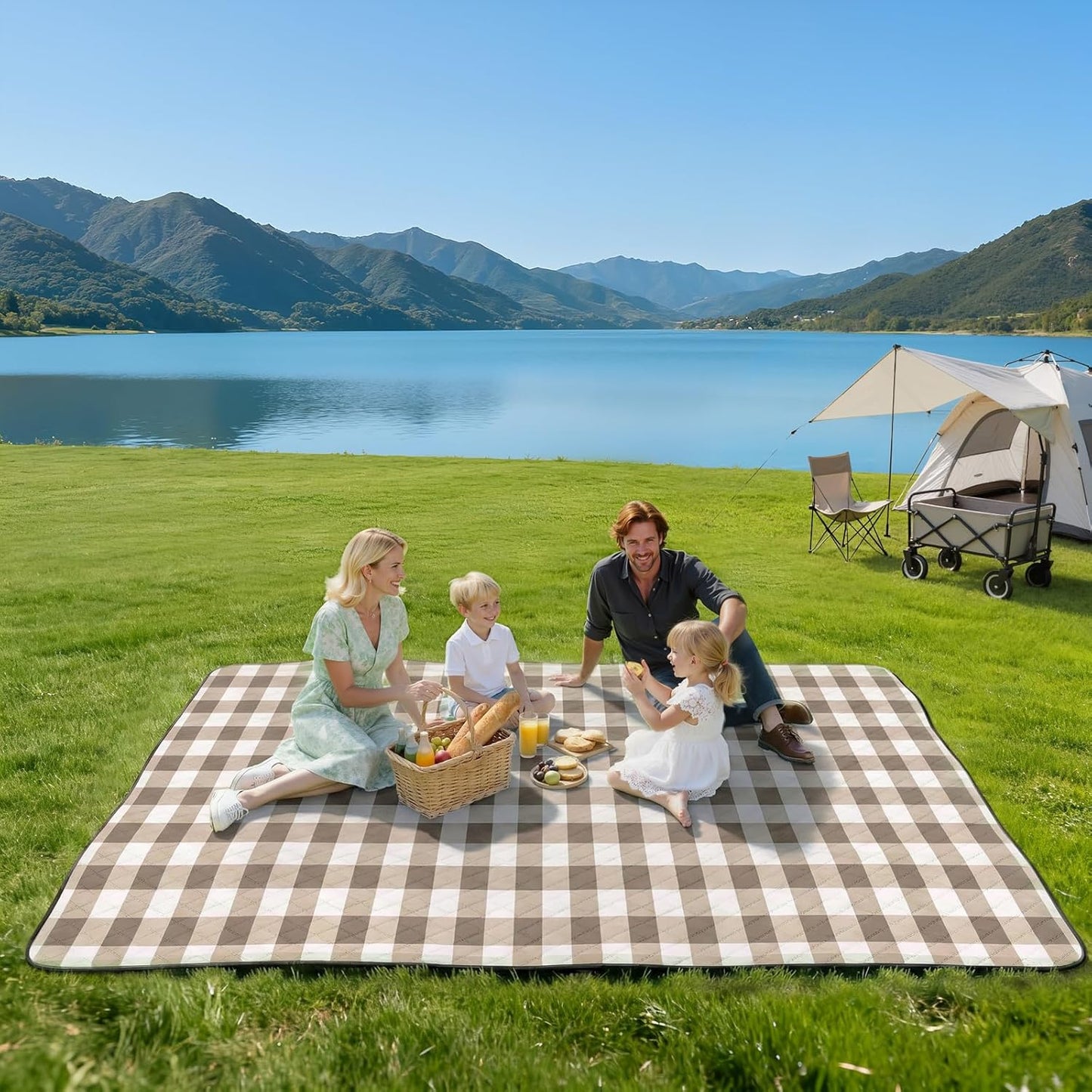 TigeJoy Extra Large Picnic Blanket Waterproof Foldable 80''x80'', Outdoor Picnic Mat Beach Blanket Sandproof for Park, Grass, Travel, Hiking, Camping Essentials, Gingham Picnic Blanket