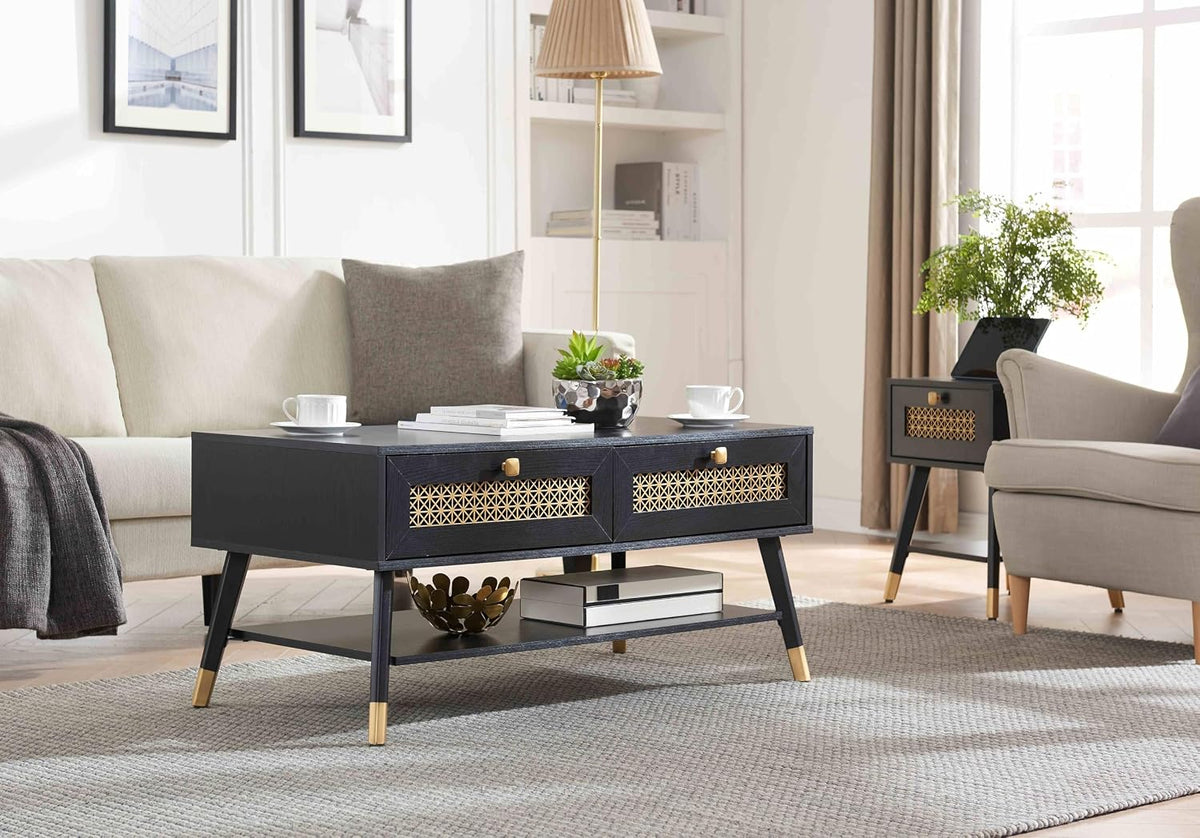Mid Century Modern Black Coffee Table with Storage Drawers & Open Shelf, Solid Wooden Boho Rectangle Table with Metal Legs Designed for Living Room, Office, Lounge. Black Color with Golden Decor