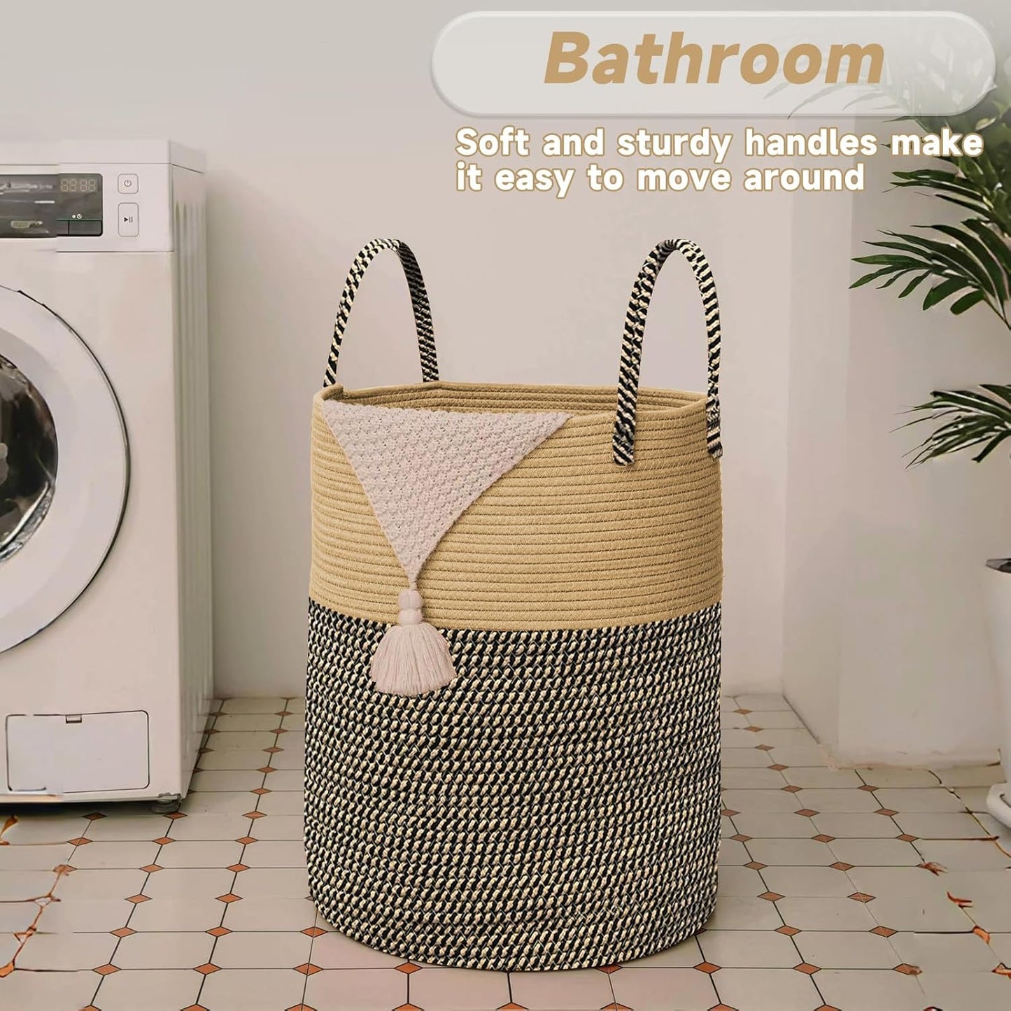 JMvicyroam Large Woven Laundry Basket Hamper,60L Cotton Rope Storage Bin for Blankets,Toys and Clothes,Decorative Tall Nursery Hamper for Living Room,Baby Nursery,Bathroom and Bedroom,Brown and Black