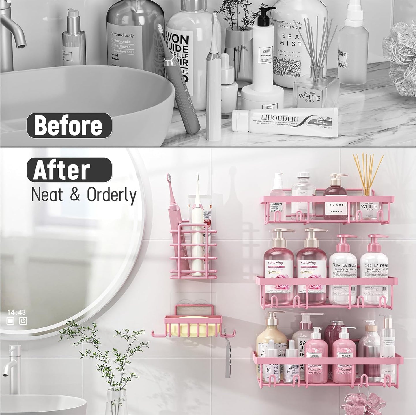Liuoud 5 Pack Shower Caddy Organizer Rack Shelf for Inside Shower, Adhesive Bathroom Wall Storage Basket Rustproof Stainless Steel Shampoo Holder, Girly Bathroom Accessory Decor Set, Pink