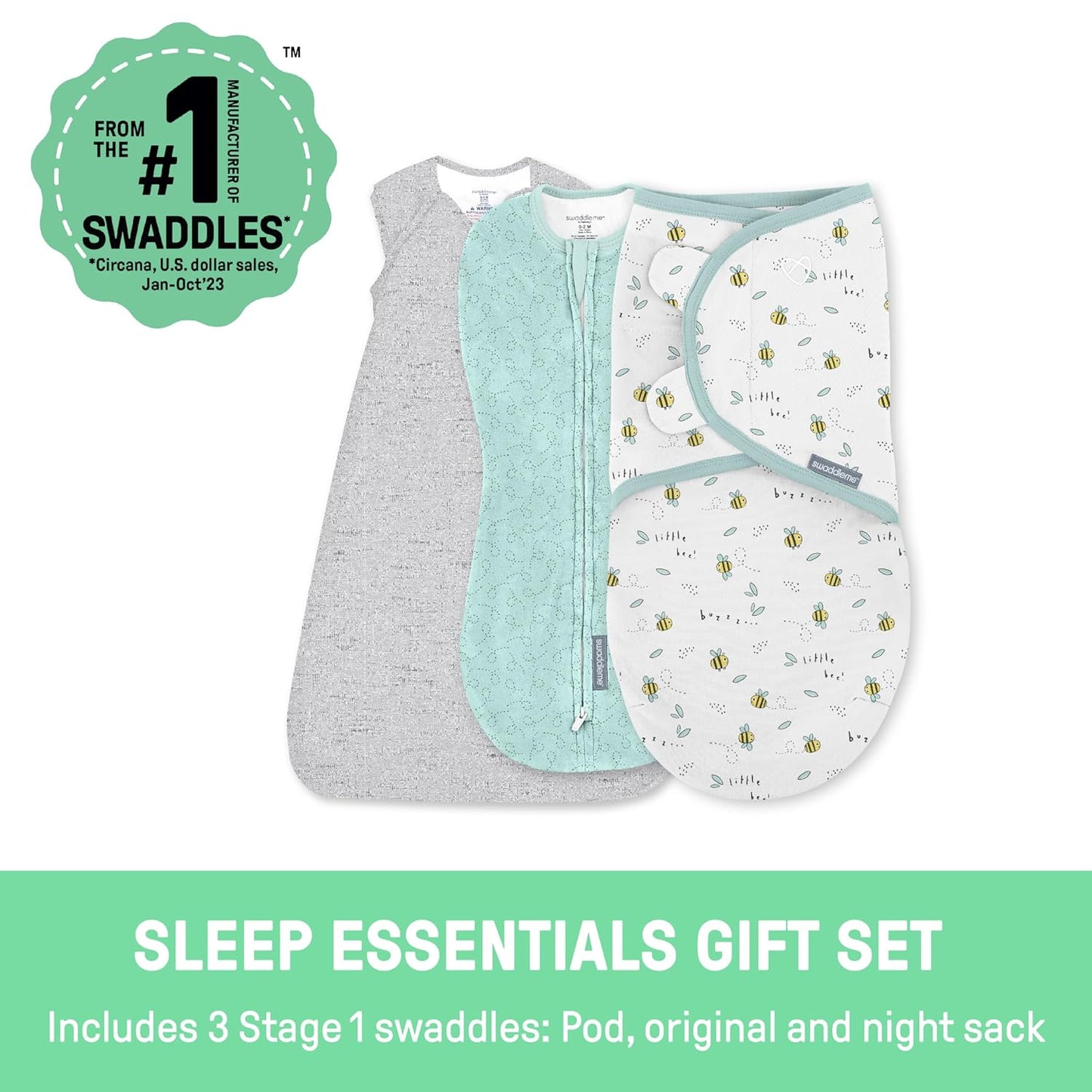 SwaddleMe by Ingenuity Comfort Pack Baby Swaddle Set, Size 0-3 Months, 5-14 Pounds, SwaddleMe Pod, Original Swaddle, Night Sack, 3pk - Little Bees