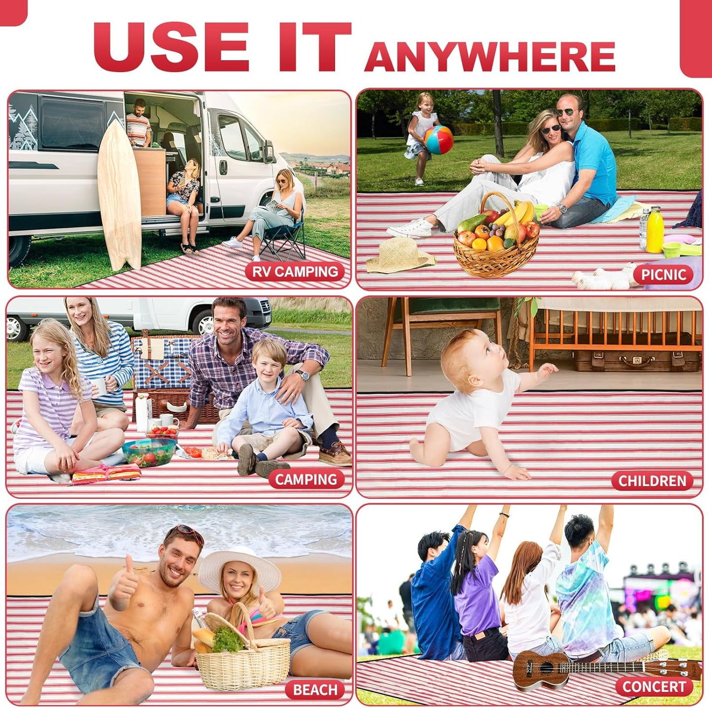 G GOOD GAIN Picnic Blankets Waterproof - Extra Large Outdoor Blanket Sand Free Foldable with Carry Strap for Beach, Camping, Park Grass, Hiking, Travel, Concerts, Indoor(Apple)