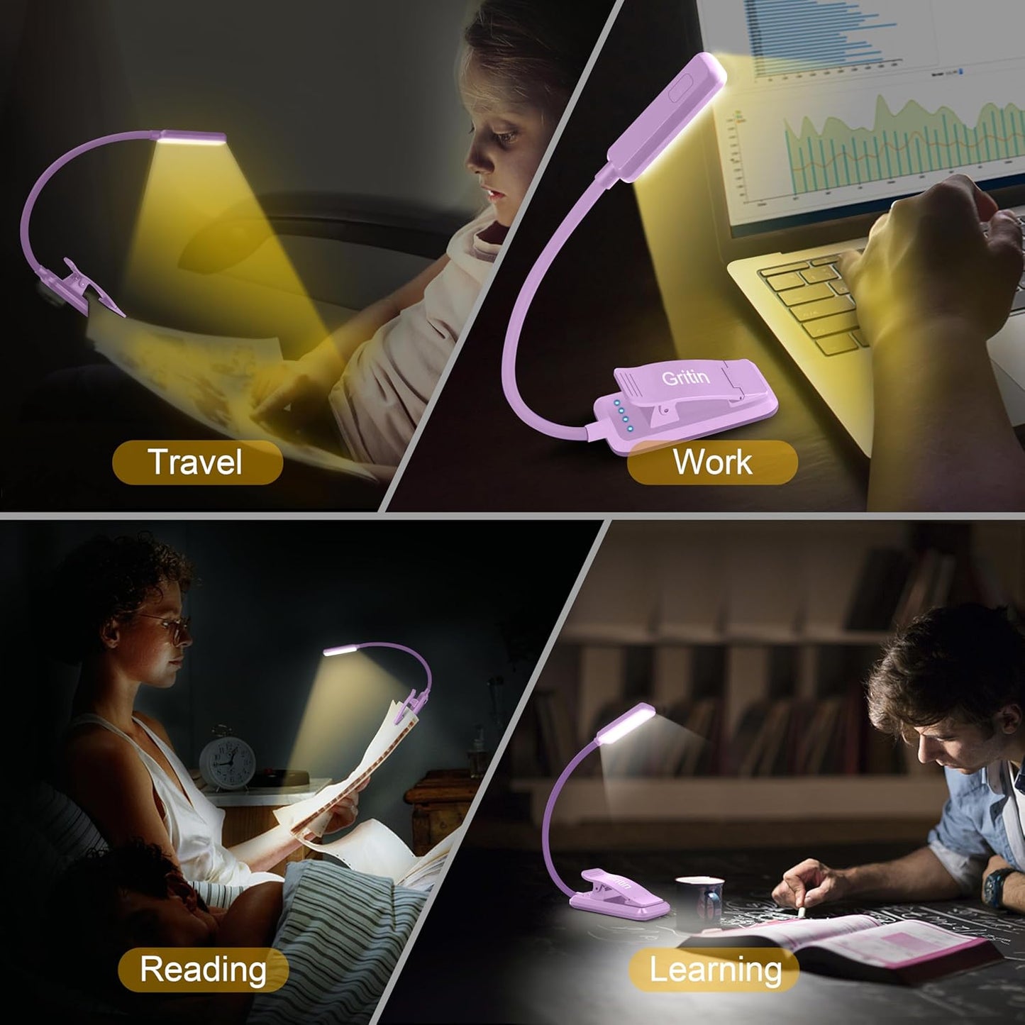 Gritin 9 LED Rechargeable Book Light for Reading in Bed - Eye Caring 3 Color Temperatures,Stepless Dimming Brightness,80 Hrs Runtime Small Lightweight Clip On Book Reading Light for Studying-Purple