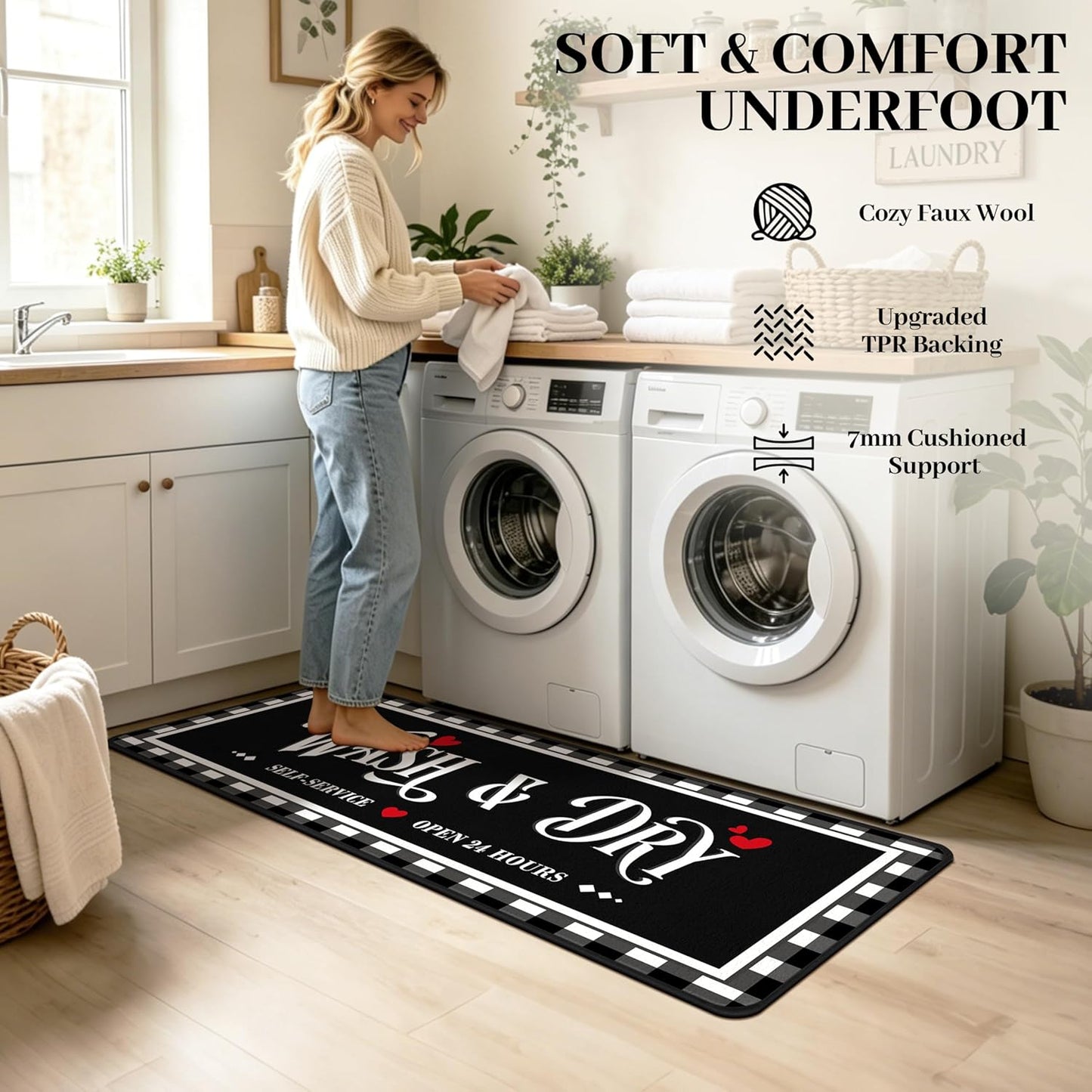 Washable Laundry Room Rug, 20"X47" Non Slip Laundry Mat Runner Soft Low-Pile Laundry Room Organization Farmhouse Decor Area Rug for Entryway Hallway Kitchen Bathroom Black Plaid