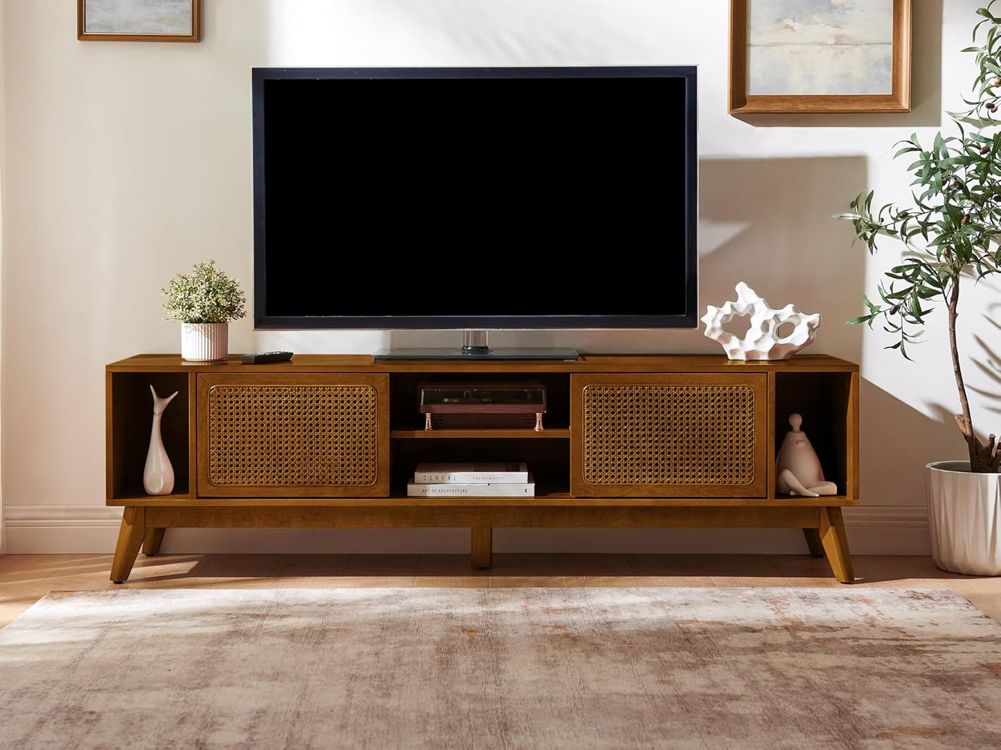 LKTART 68" Mid Century Modern TV Stand,Rattan Media Console for Living Room | Real Wood Veneer Entertainment Center,Long Boho Media Console Mid Century TV Stand for 60/65/70/75 inch TVS,Light Walnut