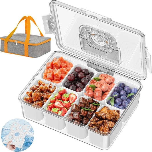 Chilled Snackle Box Container with Ice Pack, Bonus Insulated Bag Charcoolerie Chilled Portable Serving Tray, 8 Compartment Snack Container for Charcuterie Snack Road Trip Picnic Essentials