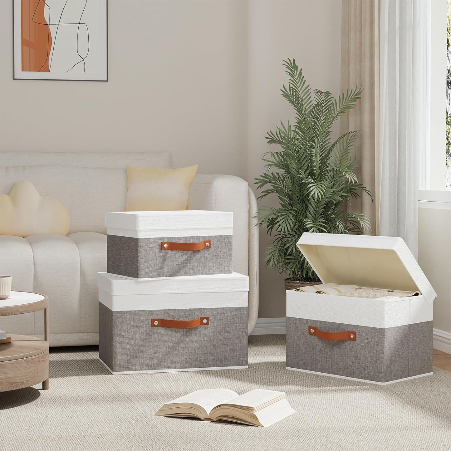 Storage Baskets with Lids, Closet Organizer Boxes, Foldable Shelves Storage Bins with Handles, White and Grey, 3 Pack, 13 x 9.1 x 7.9 Inch