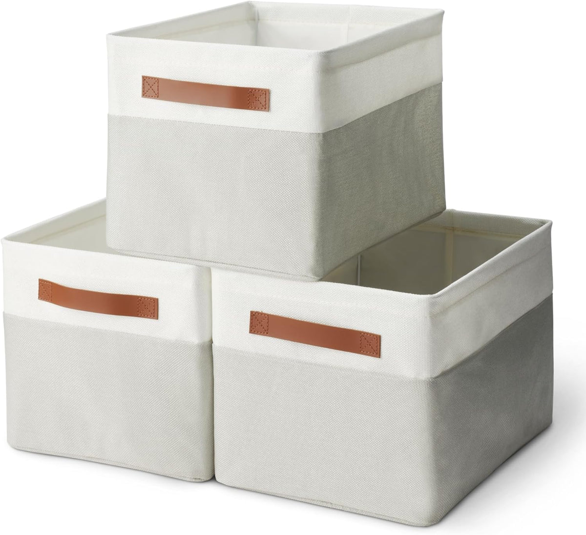 Amazon Basics Collapsible Storage Bins with Faux Leather Handles, Foldable Organizing Containers for Closet, Charcoal, Large, 3-Pack