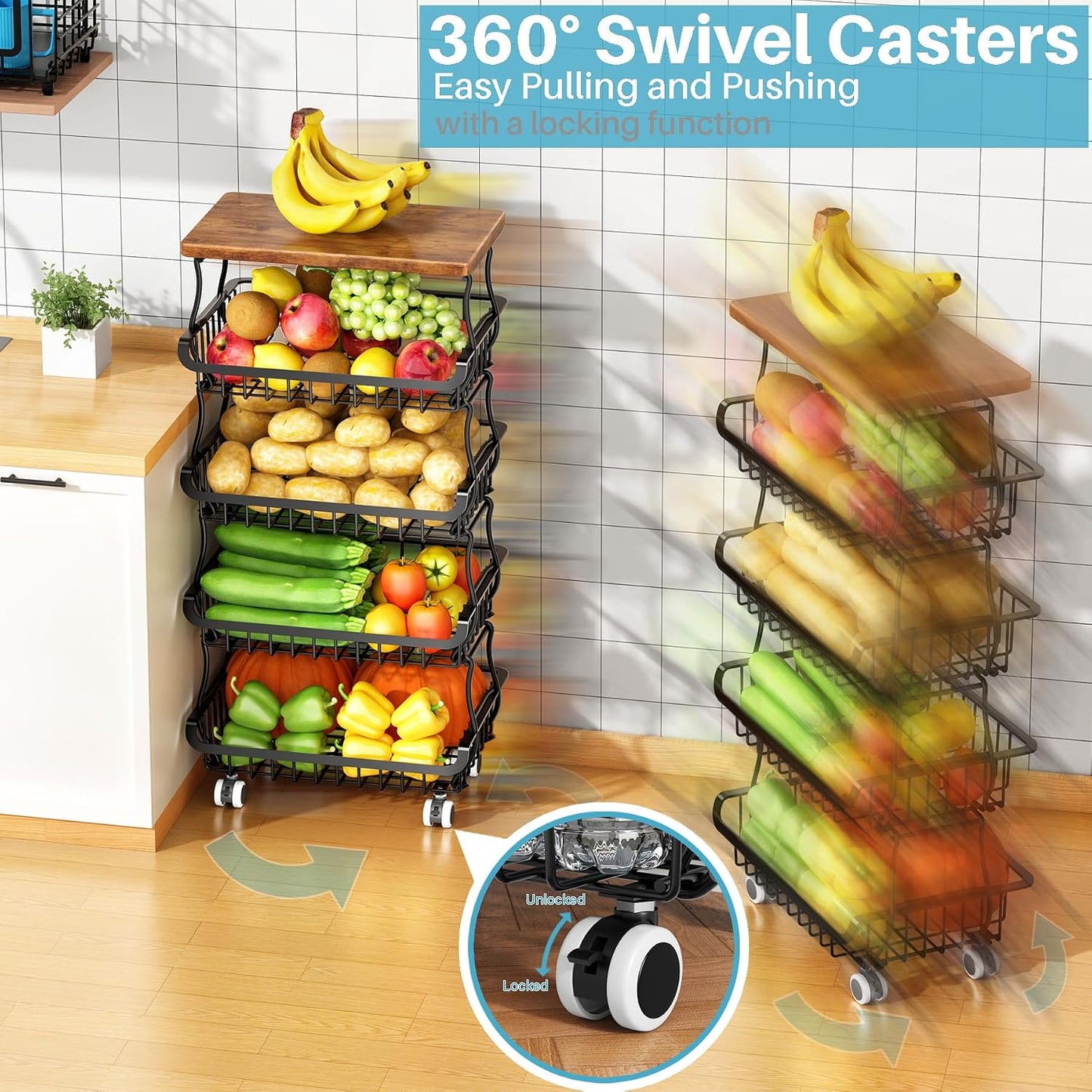 4 Tier Vegetable Fruit Basket for Kitchen, Stackable Metal Fruit and Vegetable Storage Baskets with Rolling Wheels Cart, Fruteros Para Cocina Potato and Onion Bin Pantry Kitchen Island Cart Counter