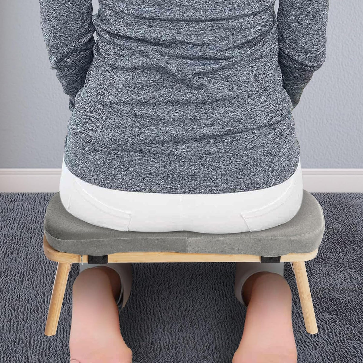 Meditation Prayer Bench, Portable Foldable & 5° Ergonomic Tilt Kneeling Meditation Yoga Stool with Cushion & Carry Bag for Home/Studio/Gym, Bamboo & Velvet Kneeling Stools (Grey)