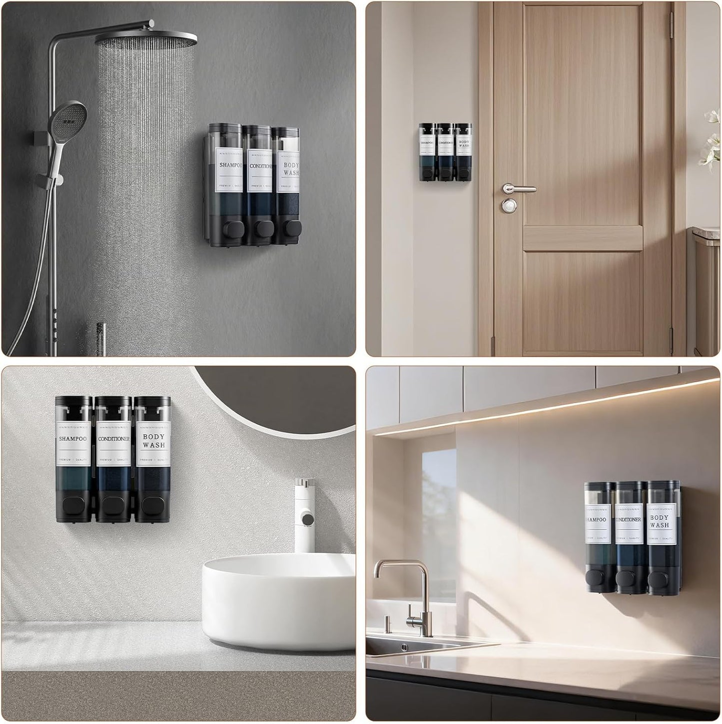 Shampoo and Conditioner Dispenser,Shower Soap Dispenser 3 Chamber No Drill Wall-Mounted Shampoo Dispenser for Shower Wall Mounted Shower Dispenser for Bathroom Hotel Large Capacity,Black
