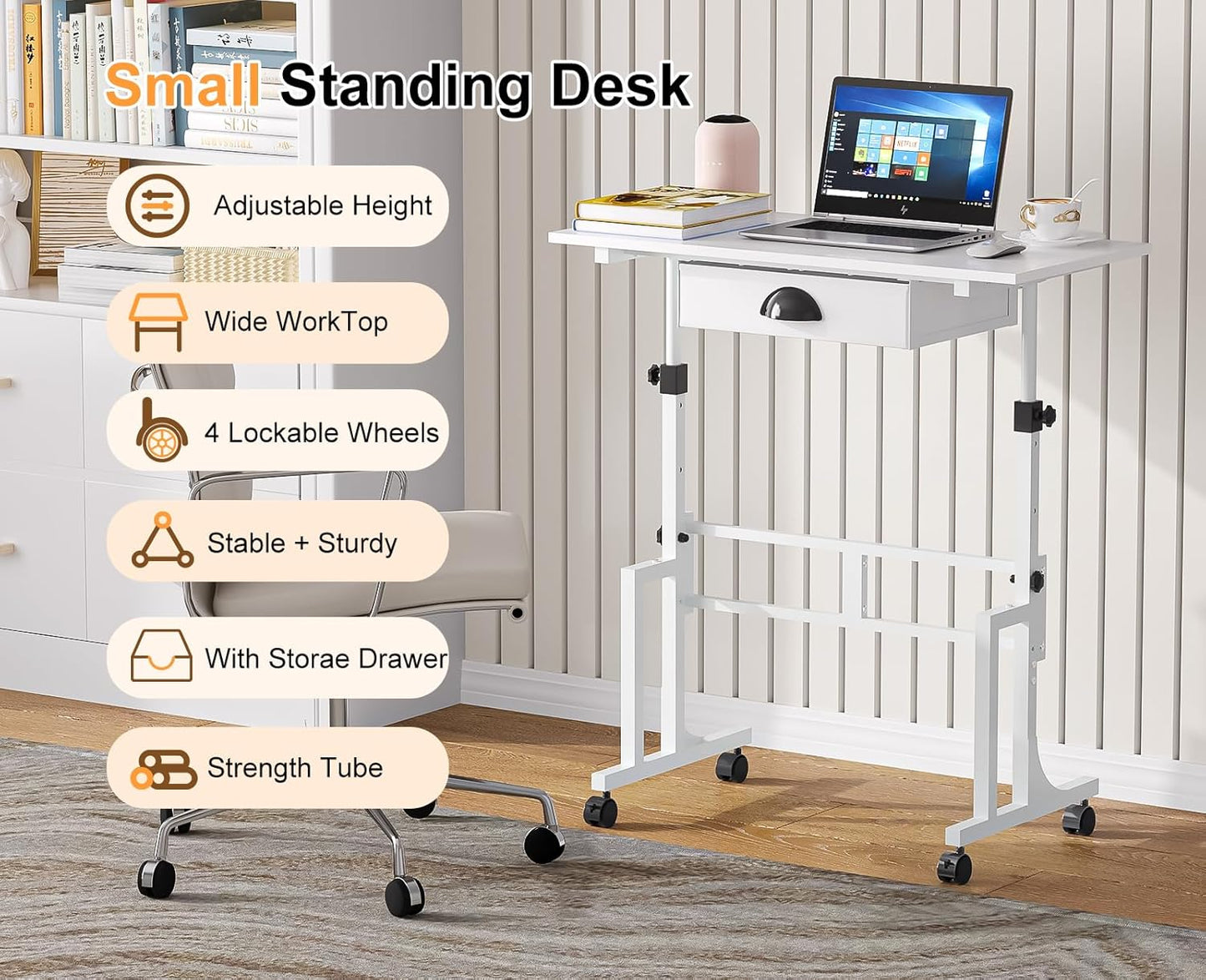Cidaziya Adjustable Height Standing Desk for Walking Pad Treadmill, Portable Rolling Desk for Laptop with Drawer, Small Moblie Sit to Stand Desk On Wheels with Stiffener for Home Office Dorm Bedroom