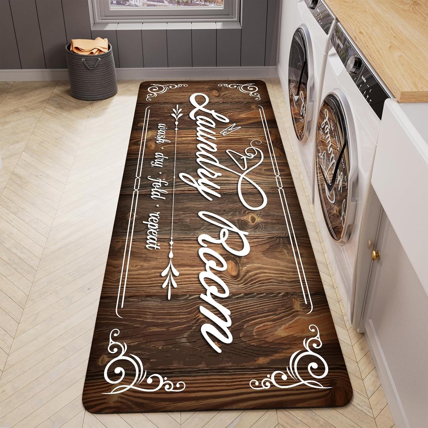 Non-Slip Laundry Room Rug Runner 17.3"x47.2" Washable Floor Carpet Brown- Bathroom Hallway Mudroom Kitchen Mat for Farmhouse Entryway Decor Accessories