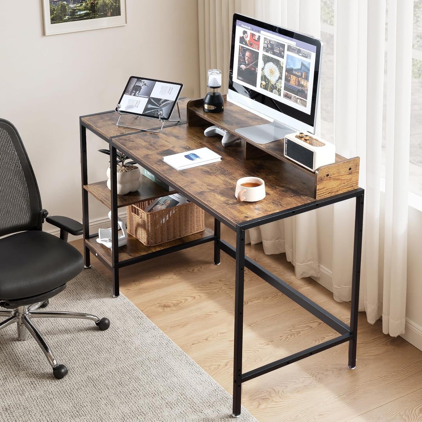 MINOSYS Computer Desk 47-inch with Storage Shelf - Vintage Ideal Gaming Desk for Bedrooms, Small Spaces, and Home Offices Modern Writing Desk for PCs.